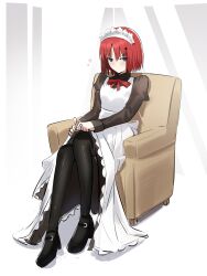  1girl absurdres apron armchair black_dress black_pantyhose blue_eyes blush chair coti_neko dress hair_ornament heart highres hisui_(tsukihime) juliet_sleeves long_sleeves looking_at_viewer maid maid_apron maid_headdress pantyhose puffy_sleeves red_hair shadow short_hair sitting solo tsukihime white_background 