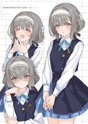  >:( 1girl black_ribbon blue_ribbon blue_skirt blue_vest blush brown_eyes closed_eyes collared_shirt commentary_request gakuen_idolmaster grey_hair hair_ribbon hairband hatsuboshi_gakuen_school_uniform highres hiwatari_kanae idolmaster kuramoto_beta-carotene long_sleeves looking_at_viewer multiple_views neck_ribbon odaibako open_mouth pleated_skirt request_inset ribbon school_uniform shaded_face shirt skirt smile steepled_fingers v-shaped_eyebrows vest white_hairband white_shirt 