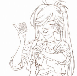  1girl 1other asashimo_(kancolle) asashimo_kai_ni_(kancolle) blazer bow bowtie card collared_shirt dress_shirt hair_over_one_eye highres jacket joker_(playing_card) kanmiya_shinobu kantai_collection lineart old_maid playing_card ponytail sharp_teeth shirt sleeves_rolled_up smile solo_focus teeth upper_body 