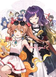  6+girls :d ^_^ asymmetrical_wings bare_shoulders black_dress black_hair blonde_hair blue_bow boots bow closed_eyes commission cross-laced_clothes dress earrings eyewear_on_head gradient_hair green_hair hair_bow hat hijiri_byakuren hood houjuu_nue jewelry kaigen_1025 kasodani_kyouko kumoi_ichirin long_hair multicolored_hair multiple_girls murasa_minamitsu nazrin open_mouth orange_eyes pendant round_eyewear shawl short_hair skeb_commission smile sunglasses toramaru_shou touhou white_dress white_hat wings yorigami_jo&#039;on yorigami_shion 