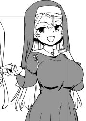  1girl armpit_cutout asava_(hutaitenn) clothing_cutout coif conte_di_cavour_(halloween)_(kancolle) conte_di_cavour_(kancolle) cowboy_shot cross cross_necklace dress greyscale hair_between_eyes highres jewelry kantai_collection latin_cross long_hair monochrome necklace nun smile solo 