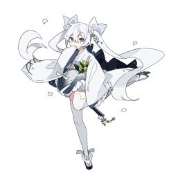  1girl arm_at_side back_bow black_bow bow bud closed_mouth falling_petals flower flower_ornament folded_fan folding_fan frilled_skirt frilled_sleeves frills full_body gradient_clothes gradient_skirt grey_eyes grey_skirt hair_between_eyes hair_flower hair_ornament hand_fan hand_on_own_chin holding holding_fan japanese_clothes kimono kimono_skirt leaf light_blush long_hair miniskirt okobo original pakashan petals platform_sandals sandals simple_background skirt sleeves_past_fingers sleeves_past_wrists smile solo standing standing_on_one_leg tabi thigh-highs twintails very_long_hair white_background white_flower white_hair white_kimono white_thighhighs 