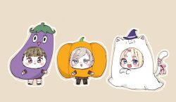  3girls :3 :d animal_costume black_pantyhose blonde_hair blue_eyes braid brown_background brown_dress c: cat_costume center-flap_bangs ceras_yanagida_lilienfeld chibi chibi_only closed_mouth commentary dress eggplant_costume fang grey_hair hasu_no_sora_school_uniform hat ichigo_123_(love_live!) kachimachi_kosuzu link!_like!_love_live! long_sleeves looking_at_viewer love_live! mini_hat mini_witch_hat moso_(expect66) multiple_girls nasu-san_(love_live!) osawa_rurino pantyhose parted_bangs pink_eyes pleated_dress pumpkin_costume purple_hat school_uniform short_eyebrows side_braids simple_background smile standing symbol-only_commentary thick_eyebrows virtual_youtuber winter_uniform witch_hat 