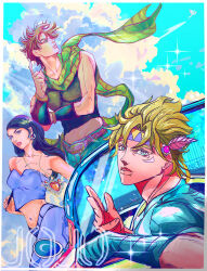  1girl 2boys 667dh absurdres alternate_costume aqua_eyes aqua_pants bare_shoulders battle_tendency black_hair blonde_hair blue_eyes blue_gloves blue_jacket blue_pants brown_hair caesar_anthonio_zeppeli chromatic_aberration clouds commentary_request crop_top denim earrings facial_mark feather_hair_ornament feathers fingerless_gloves gloves green_scarf green_tank_top hair_ornament headband highres hoop_earrings jacket jeans jewelry jojo_no_kimyou_na_bouken joseph_joestar joseph_joestar_(young) lisa_lisa long_hair midriff mother_and_son multiple_boys navel necklace pants red_stone_of_aja scarf sky striped_clothes striped_scarf tank_top triangle_print 