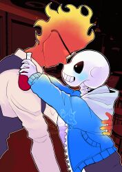  2024 2boys 2d artist_logo artist_name bartender black_shorts black_vest blue_jacket bottle dated digital_media duo elemental_(creature) fire_elemental flaming_head glasses grillby holding holding_bottle hollow_eyes hood hood_down hooded_jacket hug humanoid ikkakutenma jacket ketchup_bottle male male_focus male_only monster monster_boy multiple_boys no_mouth open_clothes open_jacket orange_skin sans_(undertale) shirt shorts skeleton striped_clothes striped_shorts teeth twitter_username undead undertale uniform utdr_(toby_fox) variant_set vertical-striped_clothes vertical-striped_shorts vest white_shirt white_stripes 