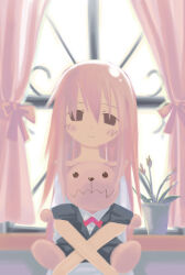  archived_source asami_natsuhito bad_link black_pants black_suit blush brown_hair collared_shirt crossed_arms curtains doll dress dress_shirt facing_viewer flower flower_pot hair_between_eyes head_tilt holding holding_doll lapels looking_at_viewer neck_ribbon no_lineart notched_lapels original pale_color pants pink_flower pink_hair pink_tulip red_ribbon ribbon shirt smile solid_eyes straight_hair suit tulip upper_body white_dress white_sleeves window windowsill wing_collar 