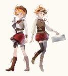  2girls awarin black_legwear bow bowtie brown_footwear brown_vest closed_mouth collared_shirt dress_shirt emma_(yakusoku_no_neverland) full_body goggles goggles_on_head green_eyes grin gun handgun highres holding holding_gun holding_weapon holster long_hair long_sleeves looking_at_viewer multiple_girls neck_ribbon orange_hair red_bow red_bowtie red_ribbon red_shorts ribbon shiny shiny_hair shirt short_hair short_shorts shorts simple_background smile standing striped striped_vest thigh-highs thigh_holster underbust vertical-striped_vest vertical_stripes vest weapon white_background white_shirt wing_collar yakusoku_no_neverland zettai_ryouiki 