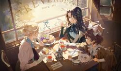  3girls absurdres aqua_eyes black_cloak black_hair black_shirt blonde_hair blue_eyes blue_ribbon bow brown_hair brown_jacket butter_knife cake cake_slice chair character_request cloak closed_mouth collar cookie cup curtained_hair day earrings elbow_on_table elbow_rest english_text expressionless eyelashes food food_on_face fork frilled_collar frills fruit gloves grapes gravy_boat hair_bow hair_bun hair_ornament hand_rest hand_up haseong_(cmss_hs) hashtag-only_commentary highres holding holding_fork indoors jacket jewelry knife leaf_hair_ornament long_sleeves multiple_girls neck_ribbon on_chair pastry pearl_earrings plate reaching restaurant reverse:1999 ribbon shirt short_hair single_hair_bun sitting slice_of_life table teacup teapot wavy_hair white_bow white_collar white_gloves white_shirt white_sleeves window_shadow 