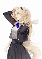  1girl absurdres alternate_costume alternate_hairstyle animal_ears arknights arm_up black_hairband black_jacket blazer blonde_hair blue_cross_tie blue_eyes chinese_commentary commentary_request cowboy_shot cross_tie curtained_hair dog_ears dog_girl dog_tail expressionless forehead from_side hair_between_eyes hairband hand_up high-waist_skirt highres jacket joshua_(shisanli934) kristen_(arknights) long_hair long_sleeves open_clothes open_jacket parted_lips pleated_skirt ponytail profile school_uniform shirt shirt_tucked_in sideways_glance sideways_mouth simple_background skirt solo tail tying_hair very_long_hair white_background white_shirt winter_uniform yellow_tail 