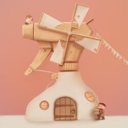  1boy 1girl bag beanie black_eyes blue_pants boots bottle brown_boots brown_coat brown_hair brown_shoes building coat door english_commentary green_eyes hat highres holding holding_bag long_hair mittens nekoita original pants paper_bag pom_pom_(clothes) pom_pom_beanie red_hat red_mittens red_scarf rope round_window scarf shoes short_hair sitting solid_oval_eyes spray_bottle standing white_hair white_scarf windmill window wooden_door 