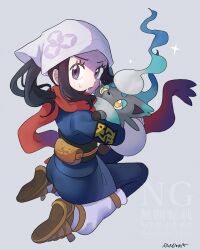  1girl akari_(pokemon) alternate_color belt_pouch black_hair black_sash blue_fur eyelashes galaxy_expedition_team_survey_corps_uniform grey_eyes grey_fur headscarf highres hisuian_zorua holding holding_pokemon jacket long_hair loose_socks open_mouth pantyhose pokemon pokemon_(creature) pokemon_legends:_arceus pouch red_scarf sandora_(karugamo_no_e) sash scarf seiza shiny_pokemon shirt shoes sidelocks sitting socks star_(symbol) sweatdrop white_headscarf white_socks yellow_eyes 