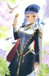  1girl absurdres animal bangs bird bird_on_hand blue_butterfly blue_dress blue_hair blue_hairband blunt_bangs blush breasts bug butterfly center_frills closed_mouth commentary_request dress fire_emblem fire_emblem:_three_houses fire_emblem_warriors:_three_hopes flower flying frills hairband highres lace_hairband large_breasts leaf lips long_hair long_sleeves marianne_von_edmund parupome pink_lips purple_flower smile twitter_username violet_eyes white_bird 