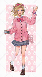  1girl blonde_hair bow bowtie bracelet cardigan cellphone character_background dissidia_duellum_final_fantasy dissidia_final_fantasy final_fantasy final_fantasy_vi full_body hair_bow jewelry looking_at_viewer moogle official_alternate_costume open_mouth phone pink_bow pink_bowtie pink_cardigan pleated_skirt skirt skyloop19 smartphone smile solo terra_branford thighs violet_eyes waving 