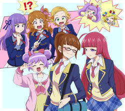  !? 6+girls :d ^_^ ahoge aikatsu! aikatsu!_(series) aikatsu!_x_pripara_the_movie_-deai_no_kiseki!- blazer blonde_hair blue_jacket blunt_bangs bow braid brown_hair cardigan chibi chibi_inset closed_eyes commentary_request constricted_pupils crown_braid double_bun dress glasses green_eyes hair_bow hair_bun hair_ribbon highres hikami_sumire hojo_sophy jacket long_hair long_sleeves looking_at_another manaka_laala manaka_laala_(normal) minami_mirei minami_mirei_(normal) miniskirt multiple_girls neck_ribbon neckerchief one_side_up open_mouth orange_hair ozora_akari paprika_private_academy_school_uniform pink_bow pink_cardigan pink_eyes pink_neckerchief pleated_skirt pointing pointing_at_another ponytail pretty_series pripara purple_hair red_hair red_ribbon ribbon school_uniform semi-rimless_eyewear shinjo_hinaki short_hair skirt smile speech_bubble standing starlight_academy_school_uniform surprised sweatdrop uma_(umagaobanana) under-rim_eyewear v v_over_eye violet_eyes white_skirt wide-eyed winter_uniform yellow_dress 