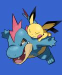  af_(afloatisland) animal_focus blue_background closed_eyes commentary_request croconaw highres no_humans open_mouth pichu pokemon pokemon_(creature) pokemon_on_back simple_background tongue yellow_eyes 