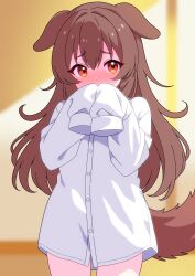  1girl animal_ears blush brown_hair covered_mouth dog_ears dog_girl dog_tail embarrassed floppy_ears highres hololive inugami_korone long_hair long_sleeves looking_at_viewer naked_shirt orange_eyes shirt sleeves_past_fingers sleeves_past_wrists tail virtual_youtuber white_shirt yuu-kun_(inugamikenoy) 