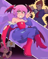  1boy 1girl ass closed_eyes darkstalkers demon_wings dreaming highres lilith_(darkstalkers) looking_at_viewer pink_hair short_hair sitting smile wings 