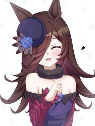  1girl absurdres animal_ears armpit_crease blue_hat blush bowler_hat breasts brown_hair closed_eyes dress english_commentary floral_background flower hair_over_one_eye hat hat_flower heart highres horse_ears horse_girl knosdeba long_hair off-shoulder_dress off_shoulder open_mouth rice_shower_(rosy_dreams)_(umamusume) rice_shower_(umamusume) small_breasts smile solo strapless strapless_dress tilted_headwear umamusume upper_body variant_set white_background 