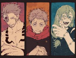 3boys arm_up black_border black_jacket black_shirt blue_eyes body_markings border brown_hair collarbone commentary cursed_spirit_(jujutsu_kaisen) double-parted_bangs english_commentary extra_eyes facial_mark finger_to_mouth green_hair grin hair_between_eyes heterochromia high_collar highres itadori_yuuji jacket jujutsu_kaisen long_hair looking_at_viewer mahito_(jujutsu_kaisen) male_focus mim_(mimya0600) multiple_boys open_mouth own_hands_together pectorals red_eyes ryoumen_sukuna_(jujutsu_kaisen) sanpaku scar scar_on_face shirt short_sideburns smile stitched_arm stitched_face stitched_mouth stitched_wrist stitches teeth tongue tongue_out topless_male upper_body yellow_eyes 