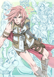  3boys 4girls 80850love_fu arm_strap bare_shoulders boots cape closed_mouth commentary_request dated dissidia_012_final_fantasy dissidia_final_fantasy feet_out_of_frame final_fantasy final_fantasy_iv final_fantasy_vii final_fantasy_viii final_fantasy_x final_fantasy_xi final_fantasy_xii final_fantasy_xiii fingerless_gloves gloves highres in-franchise_crossover jacket kain_highwind laguna_loire lightning_farron long_hair looking_at_viewer miniskirt multiple_boys multiple_girls pink_hair prishe red_cape short_hair single_bare_shoulder single_shoulder_pad skirt tank_top tifa_lockhart upper_body vaan_(ff12) white_jacket yuna_(ff10) 