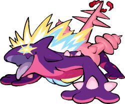  all_fours commentary_request dynamax full_body gigantamax gigantamax_toxtricity kawaanago pokemon pokemon_(creature) pokemon_focus red_clouds solo spikes tongue tongue_out toxtricity transparent_background 