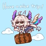 1girl :3 ahoge bangs blue_background chibi clouds enna_alouette flying glasses head_wings holding_luggage light_blue_hair light_brown_hair long_hair luggage multicolored_hair nijisanji nijisanji_en pongari simple_background solo virtual_youtuber wings 