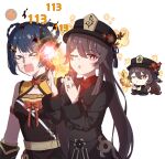  2girls ;o artist_request black_nails blue_hair brown_hair chinese_clothes closed_eyes coat eyebrows_visible_through_hair flower genshin_impact hair_ornament hat hayarob highres hu_tao_(genshin_impact) jewelry multiple_girls one_eye_closed open_mouth plum_blossoms porkpie_hat red_eyes reference_inset ring source_request star-shaped_pupils star_(symbol) symbol-shaped_pupils white_background xiangling_(genshin_impact) 