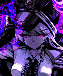  1girl 1other absurdres black_hat black_necktie blue_archive braid closed_mouth commentary_request crossover diamond_wa_kudakenai frilled_shirt frills glowing_pupils haruna_(blue_archive) hat highres jojo_no_kimyou_na_bouken killer_queen looking_at_viewer necktie peaked_cap purple_aura shirt single_braid smile stand_(jojo) straight-on sunnysideup white_hair white_shirt 