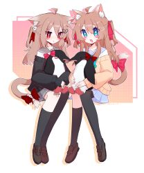  2girls absurdres ahoge animal_ears asymmetrical_legwear bird black_cardigan black_socks black_thighhighs blue_eyes blue_sailor_collar blue_skirt bow broken_heart broken_heart_hair_ornament brown_hair brown_shoes cardigan cat_ears cat_girl cat_tail closed_mouth commentary_request evil_neuro-sama from_side full_body grey_sailor_collar hair_between_eyes hair_ornament hair_ribbon heart heart_hair_ornament highres holding invisible_chair long_hair long_sleeves miniskirt multiple_girls neuro-sama off-shoulder_cardigan open_mouth penguin pink_bow pink_ribbon pleated_skirt red_bow red_eyes red_ribbon ribbon sailor_collar shirt shoes siblings single_sock single_thighhigh sisters sitting skirt socks tail tail_bow tail_ornament thigh-highs twins uneven_legwear user_hmyv8473 vedal_ai virtual_youtuber white_shirt yellow_cardigan 