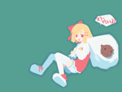  1boy 1girl :d alternate_costume archived_source asami_natsuhito bad_link blonde_hair boots bow brown_eyes buttons closed_mouth commentary_request creature dress footwear_bow full_body green_background green_outline hair_bow hair_ornament hairclip harada_takehito_(style) holding holding_sack in_container in_sack long_sleeves looking_at_viewer medium_hair merry_christmas midair mr._smith original outline pointy_ears red_bow red_dress red_eyes sack shirt short_dress shorts sidelocks simple_background smile solid_eyes sophy speech_bubble thigh_boots translated white_boots white_shorts white_sleeves 