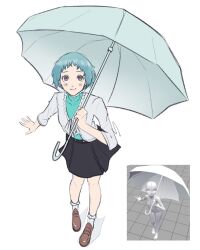  1girl absurdres aqua_hair aqua_shirt aqua_umbrella black_skirt blush brown_shoes closed_mouth commentary english_commentary full_body highres holding holding_umbrella jacket lace-trimmed_jacket looking_at_viewer looking_up persona persona_3 photo-referenced photo_inset reference_inset shirt shoes short_hair simple_background sketch skirt smile socks solo standing umbrella violet_eyes white_background white_jacket white_socks xeeoh yamagishi_fuuka 