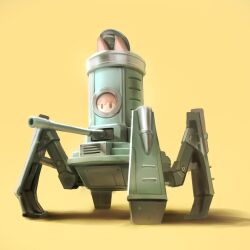  1other animal_ears black_eyes brown_hair cannon english_commentary highres mecha mecha_focus military_vehicle motor_vehicle nekoita original robot round_window science_fiction shadow solid_oval_eyes solo tank tank_cupola very_long_ears walker_(robot) window yellow_background 