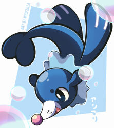  artist_name blue_eyes border bright_pupils bubble commentary english_commentary full_body highres no_humans open_mouth pokemon pokemon_(creature) popplio solo translation_request white_border white_pupils woofzilla 