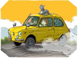  1boy 1girl car cat crowded highres license_plate motor_vehicle orange_sky original road side-view_mirror sky sunset vehicle_focus vehicle_request yabarn 