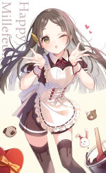 1girl apron black_shorts black_thighhighs blowing_kiss blush brown_eyes brown_hair commentary frilled_apron frills gakuen_idolmaster hair_ornament happy_mille-feuille_(idolmaster) heart heart_apron highres idolmaster kuramoto_beta-carotene kuramoto_china leaf_hair_ornament long_hair looking_at_viewer official_alternate_costume one_eye_closed parted_bangs short_sleeves shorts solo thigh-highs wrist_cuffs 