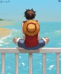  1boy a_phu black_hair from_behind hat hat_removed headwear_removed highres male_focus monkey_d._luffy ocean one_piece railing shorts sitting sleeveless solo straw_hat 