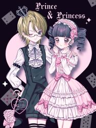  1boy 1girl accurate_lolita_coord ascot bishounen black_hair black_shorts black_vest blonde_hair blush bow buttons card closed_umbrella commentary crown dress drill_hair english_commentary english_text fashion flat_chest frilled_dress frills glasses hairband highres lolita_fashion lolita_hairband long_sleeves medium_hair one_eye_closed original ouji_fashion parasol pink_bow pink_dress playing_card shirt short_hair shorts smile sweet_lolita twin_drills umbrella vest watermark white_ascot white_shirt yuni_(s_ribbon) 