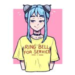  1girl akairiot arms_at_sides bell blue_hair breasts choker collarbone cropped_torso double_bun ear_piercing english_text eyebrows_visible_through_hair hair_bun highres iru_may long_hair looking_away looking_to_the_side medium_breasts naughty_face original piercing print_shirt ring_bell shirt short_hair_with_long_locks simple_background sketch solo straight-on tongue tongue_out upper_body violet_eyes yellow_shirt 