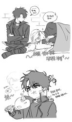  2boys black_coat black_shirt chewing coat crew_neck crossed_ankles crossed_arms facing_another food greyscale head_on_pillow highres holding holding_food holding_phone korean_text lee_hakhyun looking_at_object lying maga_mok23 male_focus mini_person miniboy monochrome multiple_boys multiple_views omniscient_reader&#039;s_viewpoint on_side open_clothes open_coat phone pillow popped_collar shirt sitting_on_shoulder translation_request under_covers 