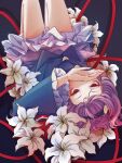  1girl black_hairband blue_shirt buttons covering_mouth floral_print flower frilled_skirt frilled_sleeves frills hair_ornament hairband hand_up heart heart_button heart_hair_ornament komeiji_satori lily_(flower) long_sleeves looking_at_viewer lying on_back pink_skirt purple_hair red_eyes rose_print shirt short_hair skirt solo third_eye touhou upside-down white_flower wide_sleeves zhihuaiqiang 