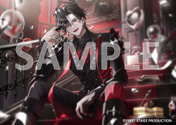  1boy :d armor asymmetrical_clothes black_armor black_boots black_hair black_jacket black_pants black_shirt boots bottle buttons cake carpet confetti copyright_notice cross cross_earrings curtained_hair diamond_button doll double-breasted earrings feet_out_of_frame fingernails first_stage_production flower fold-over_boots food fork grey_nails hair_between_eyes heart heart_print holding holding_doll indoors jacket jewelry knee_boots long_sleeves looking_at_viewer lucien_lunaris male_focus multicolored_hair official_art on_stairs pants pantyhose pointed_crown pora_0918 portrait red_eyes red_flower red_pantyhose red_rose red_scarf rose sample_watermark scarf see-through_balloon sharp_fingernails shirt short_hair shoulder_armor single_pantsleg sitting skeletal_hand smile solo star_balloon stole streaked_hair teeth thigh_strap upper_teeth_only vambraces virtual_youtuber watermark white_hair 