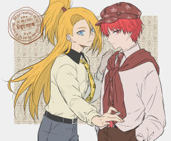  2boys asymmetrical_bangs belt beret black_pants blonde_hair blue_eyes border collared_shirt deidara_(naruto) extra_tongue eyeliner floral_background floral_print hand_on_another's_shoulder hat hayamin35 implied_yaoi jacket long_hair looking_at_viewer makeup male_focus multiple_boys naruto_(series) naruto_shippuuden official_alternate_costume pants red_eyes red_hair sasori_(naruto) serious shirt short_hair simple_background smile sweater watermark white_border 