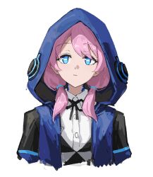 1girl arknights black_jacket black_ribbon blue_eyes blue_jacket blue_poison_(arknights) bright_pupils closed_mouth collared_shirt cropped_shoulders fuyukono hair_tie highres hood hood_up hooded_jacket jacket looking_to_the_side medium_hair neck_ribbon oekaki pink_hair ribbon shirt simple_background solo twintails white_background white_pupils white_shirt