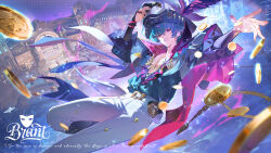  1boy anchor_ornament arms_up belt belt_buckle black_hat blue_hair blue_shirt blurry brant_(wuthering_waves) buckle building capelet chain character_name chinese_commentary coin collared_shirt commentary_request depth_of_field english_text foot_out_of_frame gold_coin hair_between_eyes hat hat_feather highres holding leg_up looking_at_viewer male_focus mask mask_on_belt midair moehikaru open_clothes open_shirt outdoors outstretched_arm pants parted_lips popped_collar puffy_sleeves purple_capelet shirt shirt_tucked_in short_hair smile solo tacet_mark_(wuthering_waves) throwing throwing_money unworn_mask violet_eyes white_belt white_hat white_pants wuthering_waves 