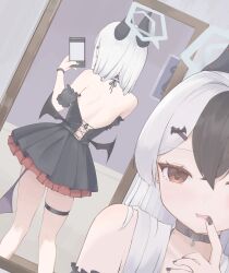  1girl alternate_costume back backless_dress backless_outfit bare_shoulders bat_hair_ornament black_choker black_dress black_hair black_horns blue_archive cellphone choker demon_horns demon_wings dress earclip fake_wings finger_to_mouth frills gman_(gsdeman) grey_halo hair_between_eyes hair_ornament hair_over_shoulder hairpin halo hashtag-only_commentary highres holding holding_phone horns indoors kayoko_(blue_archive) long_hair mirror mirror_selfie mole mole_on_neck multicolored_hair parted_lips phone red_eyes selfie short_dress single_wing smartphone solo thigh_strap two-tone_hair white_hair wings 