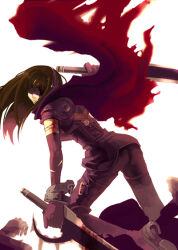  1girl archived_source armor bandaged_arm bandages belt black_belt black_boots black_gloves black_hair black_pants black_shirt blindfold boots breasts brown_belt buckle cape character_name closed_mouth copyright_request cuffs dual_wielding elbow_gloves english_commentary from_behind gloves gold_buttons holding knee_boots leg_belt long_hair medium_breasts milktea_(aoiexk) newtype pants pauldrons red_cape shackles shirt shoulder_armor simple_background single_pauldron solo_focus straight_hair torn_cape torn_clothes torn_gloves 