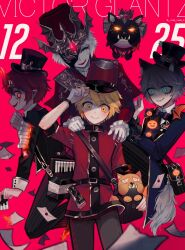  4boys animal_ears aqua_eyes bag black_jacket black_pants blonde_hair blue_bow blue_bowtie blue_coat bow bowtie c: capelet character_name closed_eyes coat colored_skin cowboy_shot dated dog envelope eye_mask facing_viewer frilled_sleeves frills glowing glowing_eyes gold_trim grey_hair grey_pants hair_between_eyes half_eye_mask hand_on_own_head hands_on_another&#039;s_shoulders harmonica hat head_tilt highres identity_v instrument jacket kepi looking_at_another looking_at_viewer makeup male_focus mask military_hat mini_hat mini_top_hat multiple_boys multiple_persona pants partially_shaded_face pink_background red_capelet red_eyes red_hair red_hat runny_makeup satchel smile stitched_mouth stitches striped_clothes striped_pants tendenbarabara top_hat victor_grantz victor_grantz_(keyboard) victor_grantz_(specter) victor_grantz_(the_embrace) white_hair white_skin wick_(identity_v) wolf_ears yellow_eyes 