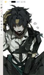  1boy armor art_program_in_frame asaba_harumasa black_hair black_necktie black_pants choker closed_eyes clothes_around_waist collarbone commentary gloves hand_on_own_head headband highres male_focus mizunako necktie open_mouth pants shirt short_hair shoulder_armor sitting sleeves_rolled_up solo sweat symbol-only_commentary white_background white_shirt yellow_gloves yellow_headband zenless_zone_zero 