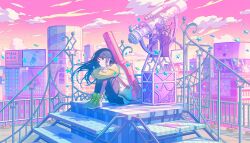  1girl acoustic_guitar bass_guitar black_hair black_pantyhose black_shorts bottle building clouds colorful_palette drum full_body game_cg green_jacket grey_eyes grey_shoes guitar guitar_case hair_ornament hairclip highres hoshino_ichika_(project_sekai) instrument instrument_case jacket keyboard_(instrument) official_art pantyhose pink_sky pink_theme project_sekai shoes shorts sitting sky solo star_(symbol) star_in_eye symbol_in_eye telescope third-party_source unsteady_still_steady_step_(project_sekai) water_bottle wind 