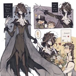  ! ... 1girl 3boys :p antennae arthropod_girl bee blank_eyes bouquet braid breasts brown_hair brown_pants bug character_name claws coat colored_skin couple eyepatch faceless faceless_male feet_out_of_frame forked_tongue green_coat green_shirt grey_skin hair_over_one_eye hand_on_own_chin heart hetero highres holding holding_bouquet identity_v looking_at_another luchino_diruse medium_hair monocle multiple_boys norton_campbell orpheus_(identity_v) otakupup pants queen_bee_(identity_v) scales shirt skinny small_breasts solid_eyes spoken_ellipsis spoken_exclamation_mark striped_blush striped_clothes striped_pants suspenders sweat tongue tongue_out torn_clothes torn_coat unworn_eyepatch upper_body wavy_hair white_shirt yellow_eyes 